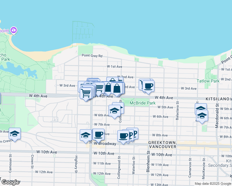 map of restaurants, bars, coffee shops, grocery stores, and more near 1961 Collingwood Street in Vancouver