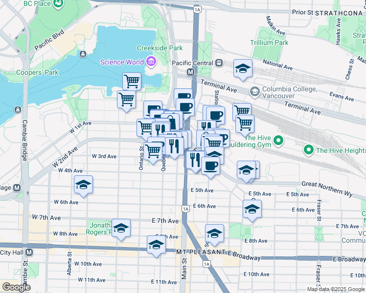 map of restaurants, bars, coffee shops, grocery stores, and more near 180 East 2nd Avenue in Vancouver