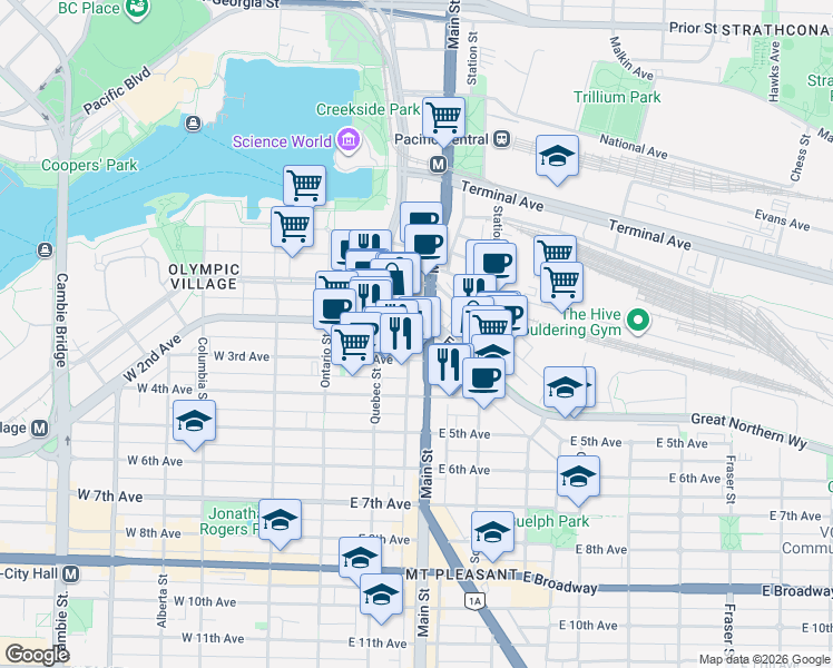 map of restaurants, bars, coffee shops, grocery stores, and more near 180 East 2nd Avenue in Vancouver
