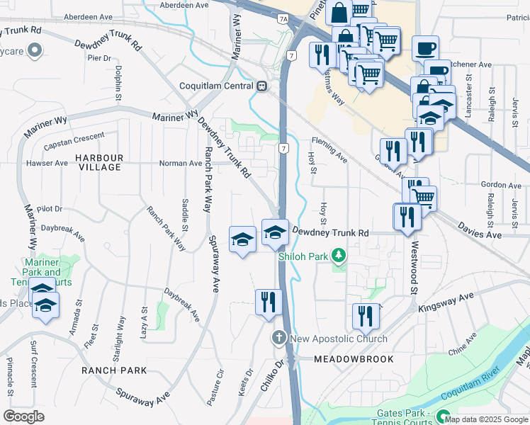 map of restaurants, bars, coffee shops, grocery stores, and more near 968 Sharpe Street in Coquitlam