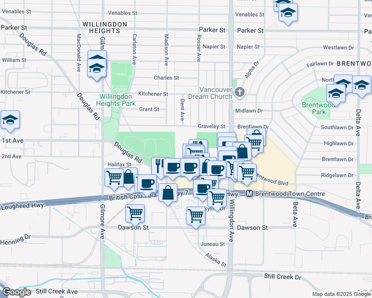 map of restaurants, bars, coffee shops, grocery stores, and more near in Burnaby