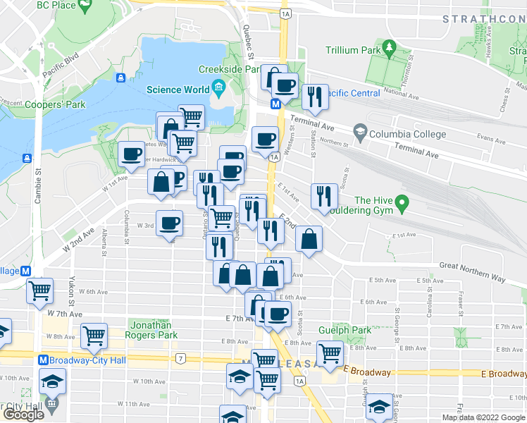 map of restaurants, bars, coffee shops, grocery stores, and more near in Vancouver