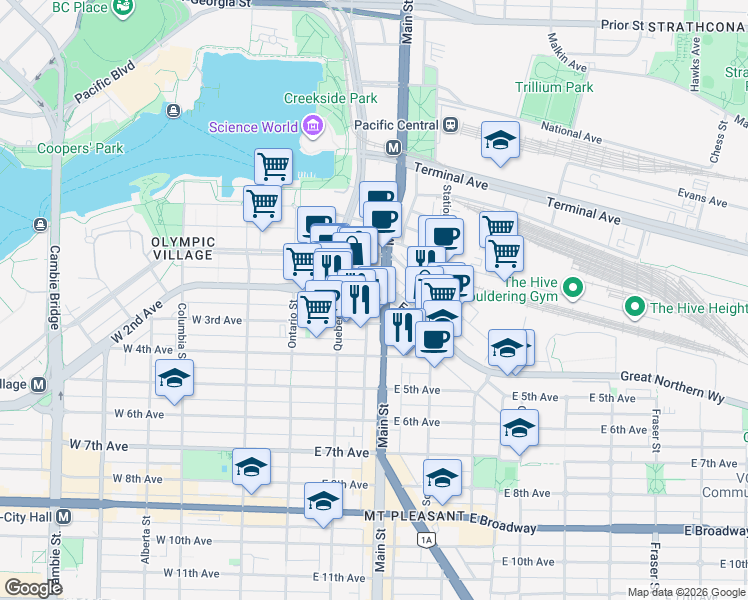 map of restaurants, bars, coffee shops, grocery stores, and more near in Vancouver