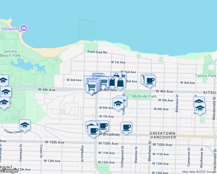 map of restaurants, bars, coffee shops, grocery stores, and more near in Vancouver