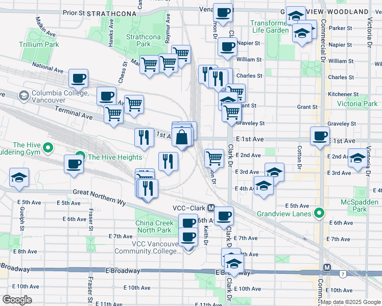 map of restaurants, bars, coffee shops, grocery stores, and more near 1902 Glen Drive in Vancouver