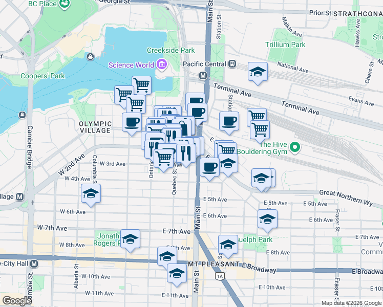 map of restaurants, bars, coffee shops, grocery stores, and more near 180 East 2nd Avenue in Vancouver