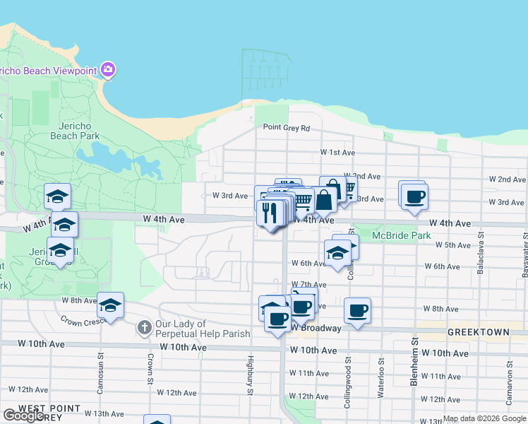map of restaurants, bars, coffee shops, grocery stores, and more near 3787 West 4th Avenue in Vancouver