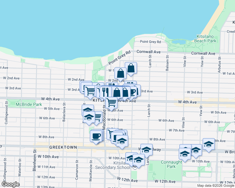 map of restaurants, bars, coffee shops, grocery stores, and more near 1973 Stephens Street in Vancouver