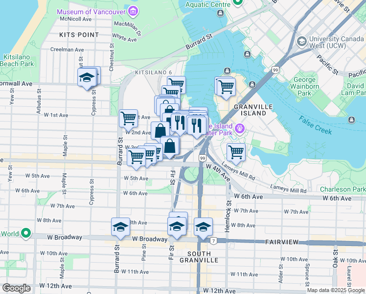 map of restaurants, bars, coffee shops, grocery stores, and more near 1545 West 3rd Avenue in Vancouver