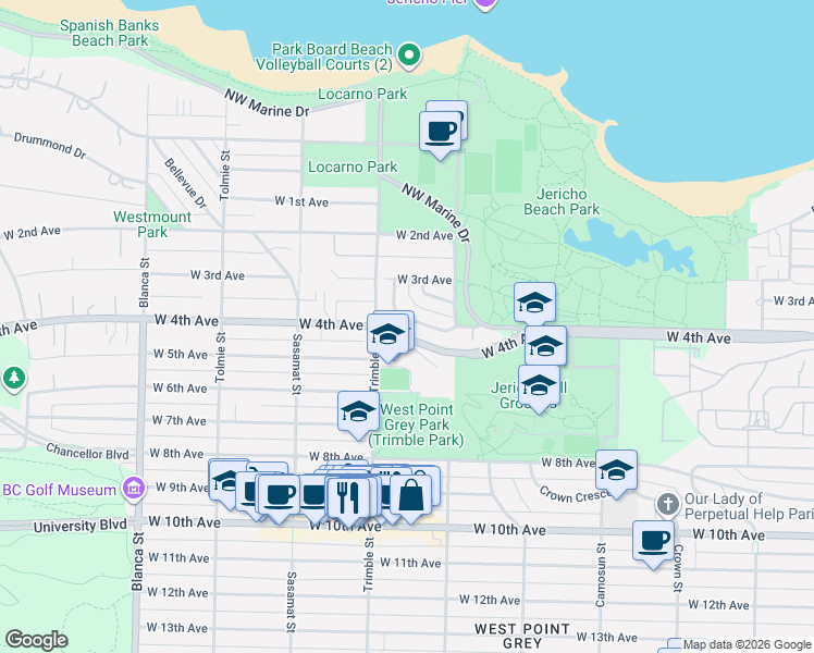 map of restaurants, bars, coffee shops, grocery stores, and more near 4346 Locarno Crescent in Vancouver