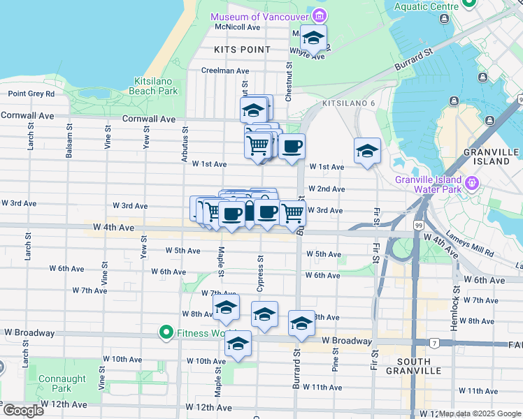 map of restaurants, bars, coffee shops, grocery stores, and more near W 3rd Ave & Cypress St in Vancouver