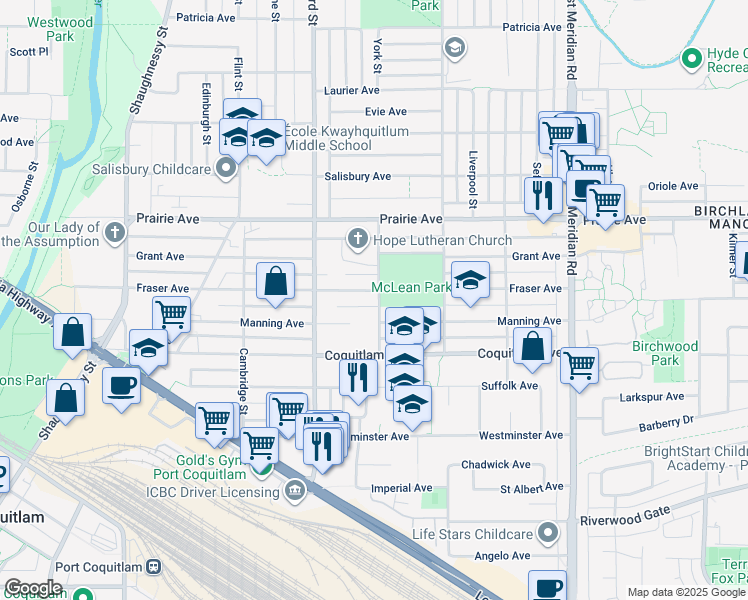 map of restaurants, bars, coffee shops, grocery stores, and more near 1818 Fraser Avenue in Port Coquitlam
