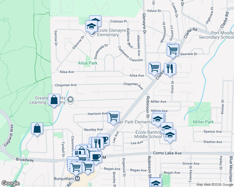 map of restaurants, bars, coffee shops, grocery stores, and more near 632 Nicola Avenue in Coquitlam