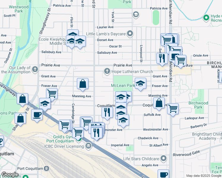 map of restaurants, bars, coffee shops, grocery stores, and more near 1822 Fraser Avenue in Port Coquitlam