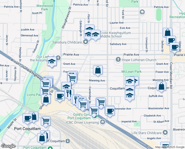 map of restaurants, bars, coffee shops, grocery stores, and more near 1986 Fraser Avenue in Port Coquitlam