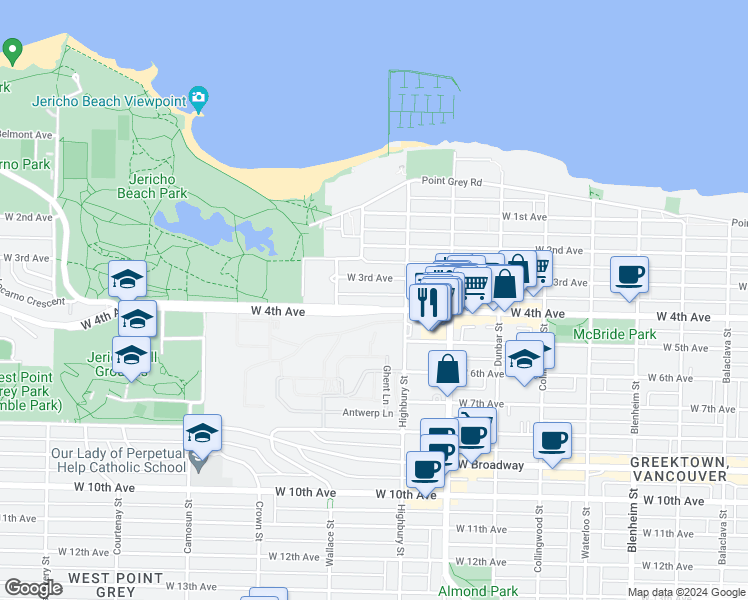 map of restaurants, bars, coffee shops, grocery stores, and more near 3839 West 4th Avenue in Vancouver