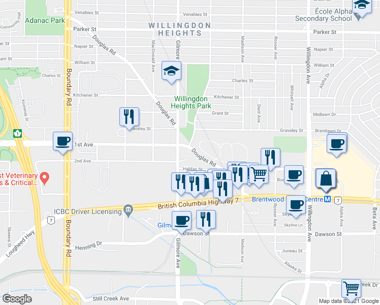 map of restaurants, bars, coffee shops, grocery stores, and more near 1739 Douglas Road in Burnaby