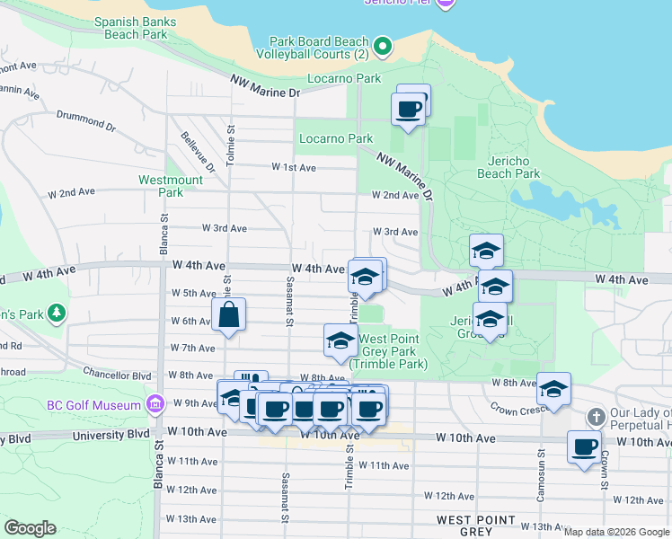 map of restaurants, bars, coffee shops, grocery stores, and more near 4426 West 4th Avenue in Vancouver