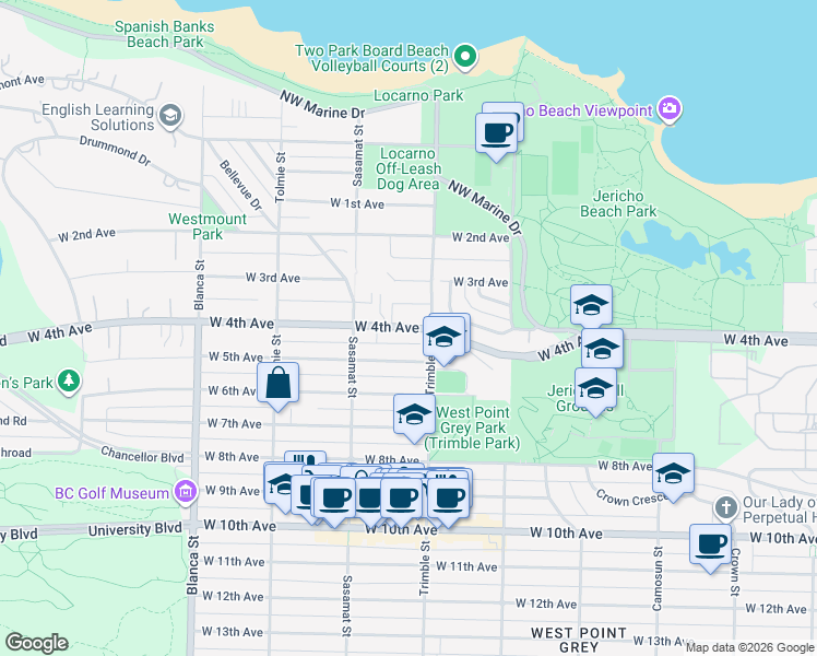 map of restaurants, bars, coffee shops, grocery stores, and more near 4426 West 4th Avenue in Vancouver