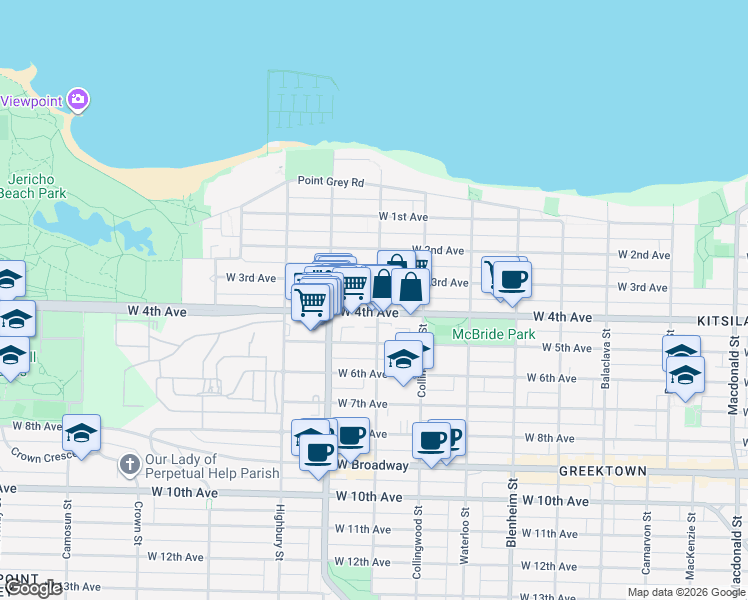 map of restaurants, bars, coffee shops, grocery stores, and more near 1985 Dunbar Street in Vancouver
