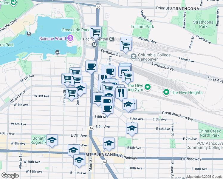 map of restaurants, bars, coffee shops, grocery stores, and more near 308 Industrial Avenue in Vancouver