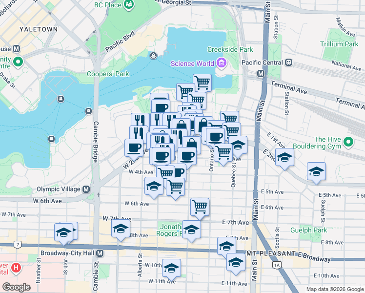 map of restaurants, bars, coffee shops, grocery stores, and more near 118 West 2nd Avenue in Vancouver
