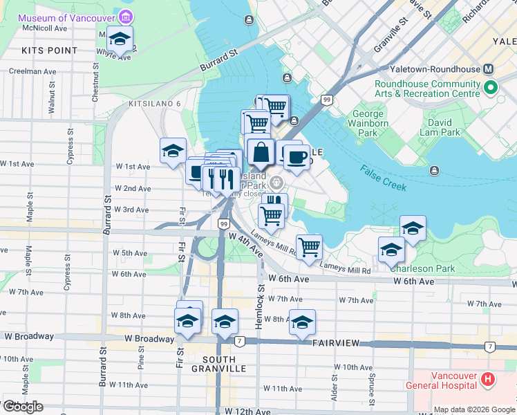 map of restaurants, bars, coffee shops, grocery stores, and more near 1477 Fountain Way in Vancouver