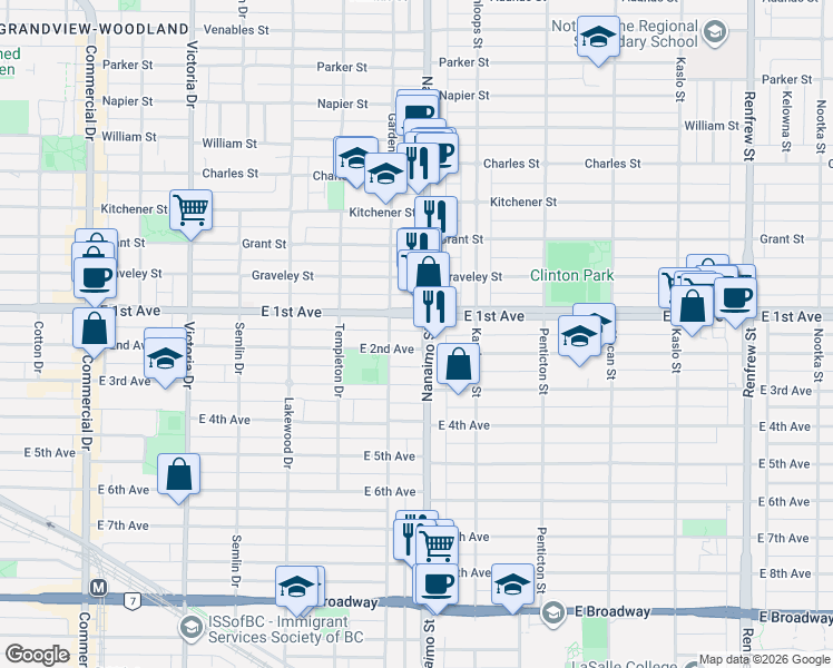 map of restaurants, bars, coffee shops, grocery stores, and more near 1747 Nanaimo Street in Vancouver