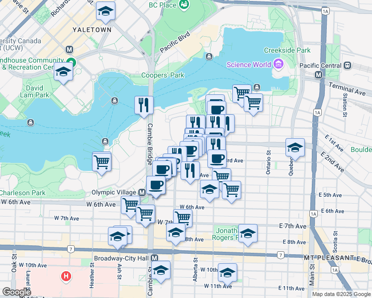 map of restaurants, bars, coffee shops, grocery stores, and more near 288 West 1st Avenue in Vancouver