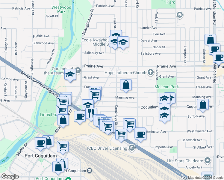 map of restaurants, bars, coffee shops, grocery stores, and more near 2018 Fraser Avenue in Port Coquitlam