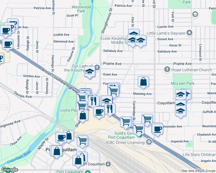 map of restaurants, bars, coffee shops, grocery stores, and more near 2156 Fraser Avenue in Port Coquitlam