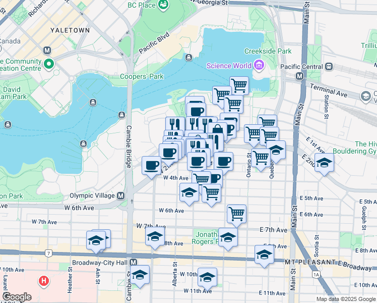 map of restaurants, bars, coffee shops, grocery stores, and more near 210 West 2nd Avenue in Vancouver