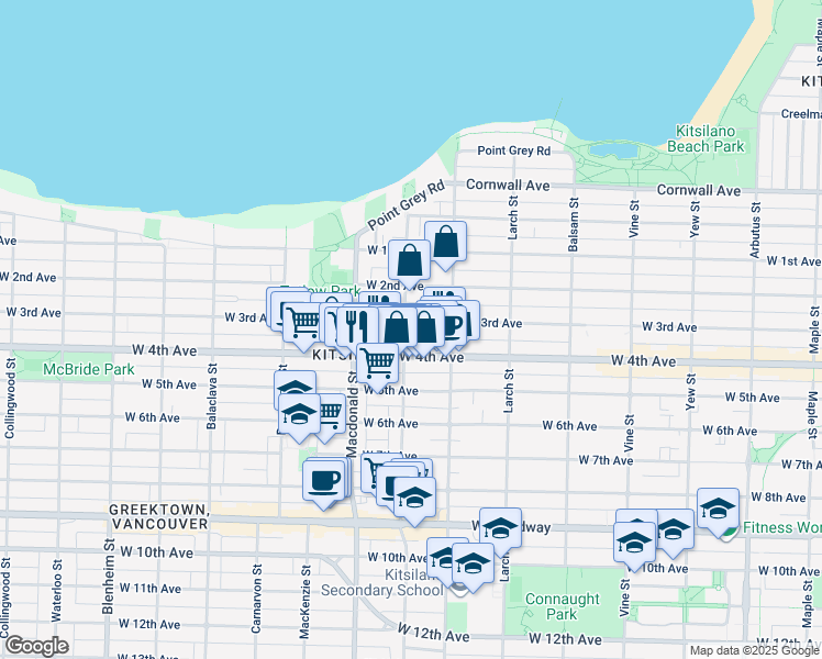 map of restaurants, bars, coffee shops, grocery stores, and more near in Vancouver