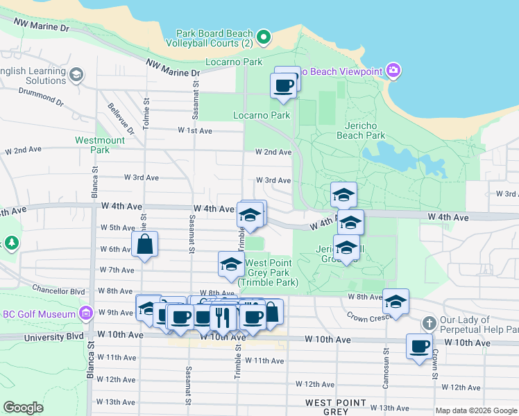 map of restaurants, bars, coffee shops, grocery stores, and more near in Vancouver