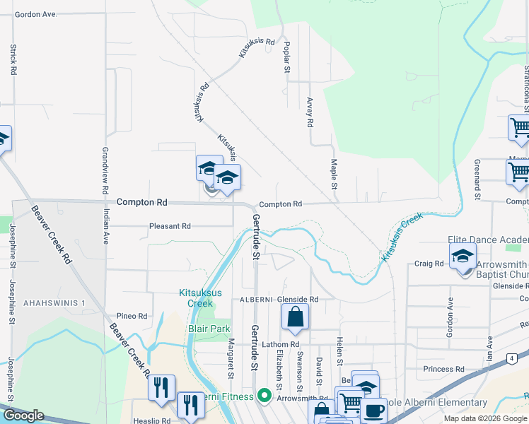 map of restaurants, bars, coffee shops, grocery stores, and more near 4880 Compton Road in Port Alberni