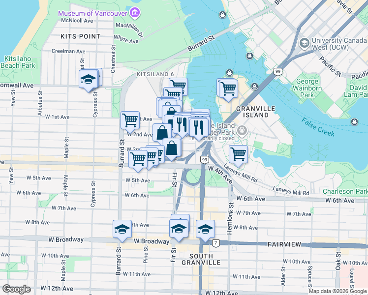 map of restaurants, bars, coffee shops, grocery stores, and more near in Vancouver