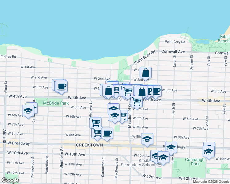 map of restaurants, bars, coffee shops, grocery stores, and more near 2912 West 3rd Avenue in Vancouver
