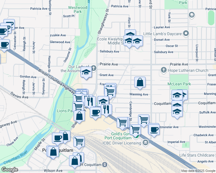 map of restaurants, bars, coffee shops, grocery stores, and more near 2156 Fraser Avenue in Port Coquitlam