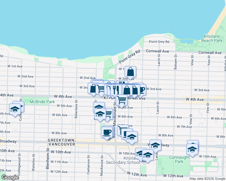 map of restaurants, bars, coffee shops, grocery stores, and more near in Vancouver
