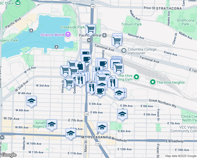 map of restaurants, bars, coffee shops, grocery stores, and more near in Vancouver