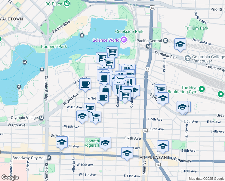 map of restaurants, bars, coffee shops, grocery stores, and more near 34 West 2nd Avenue in Vancouver