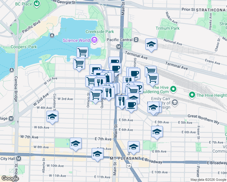 map of restaurants, bars, coffee shops, grocery stores, and more near in Vancouver