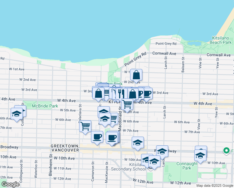 map of restaurants, bars, coffee shops, grocery stores, and more near in Vancouver
