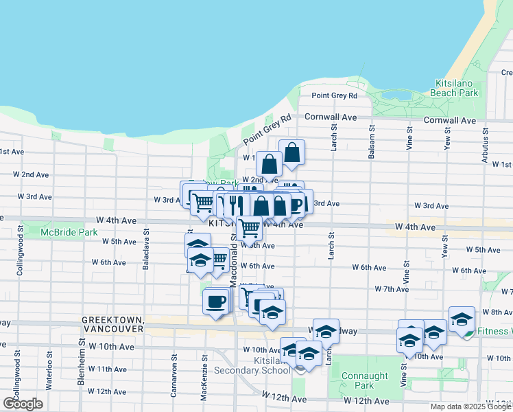 map of restaurants, bars, coffee shops, grocery stores, and more near 2718 West 3rd Avenue in Vancouver
