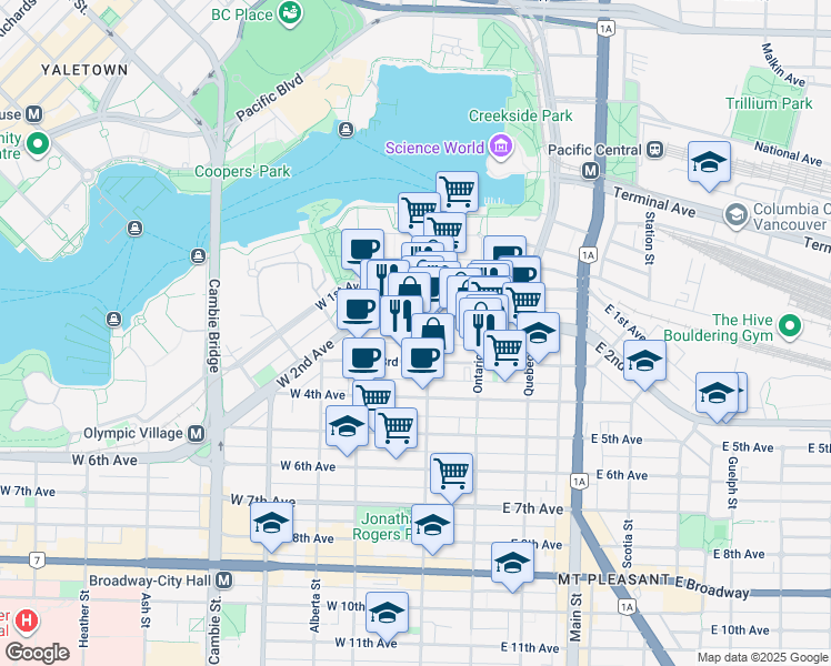 map of restaurants, bars, coffee shops, grocery stores, and more near 120 West 2nd Avenue in Vancouver
