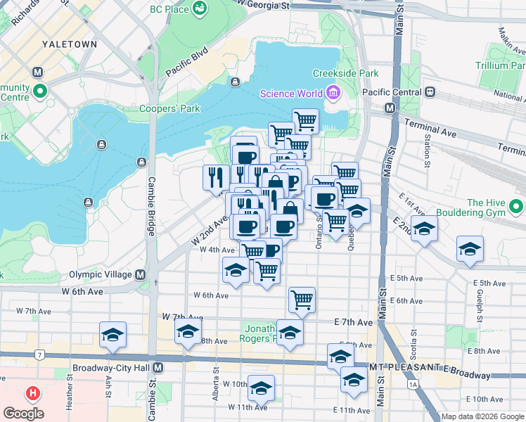 map of restaurants, bars, coffee shops, grocery stores, and more near 156 West 2nd Avenue in Vancouver