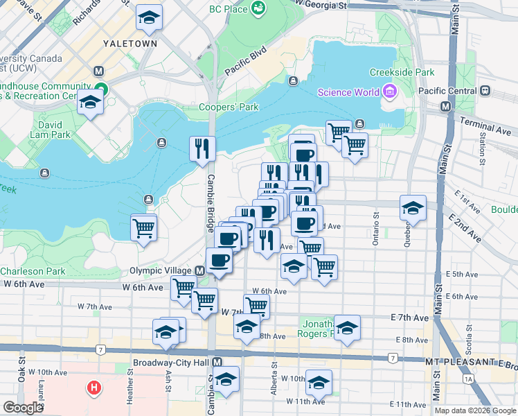 map of restaurants, bars, coffee shops, grocery stores, and more near 296 West 1st Avenue in Vancouver