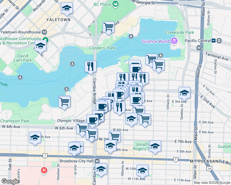 map of restaurants, bars, coffee shops, grocery stores, and more near 288 West 1st Avenue in Vancouver