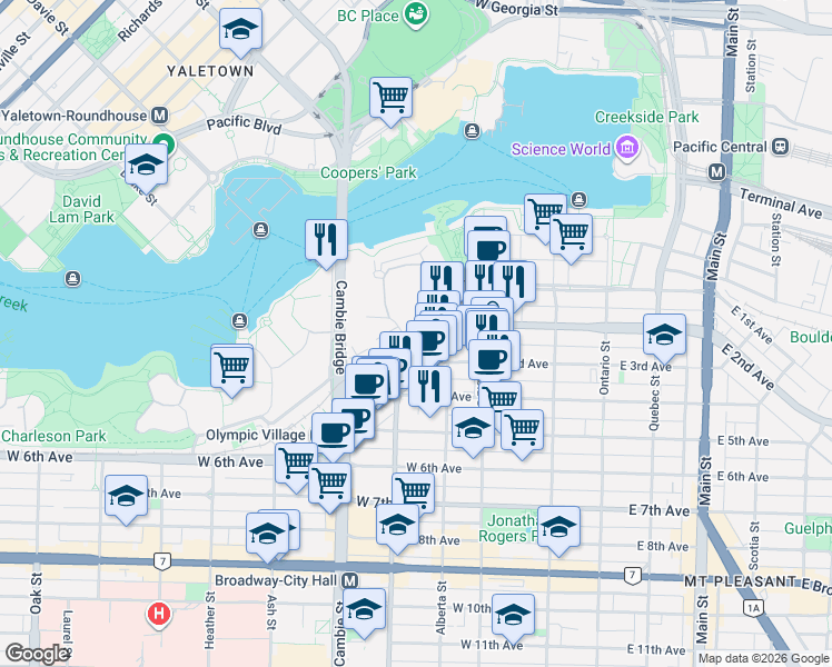 map of restaurants, bars, coffee shops, grocery stores, and more near 288 West 1st Avenue in Vancouver