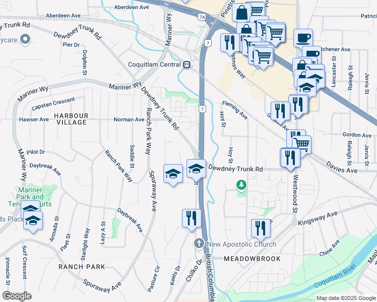 map of restaurants, bars, coffee shops, grocery stores, and more near 2926 Dewdney Trunk Road in Coquitlam